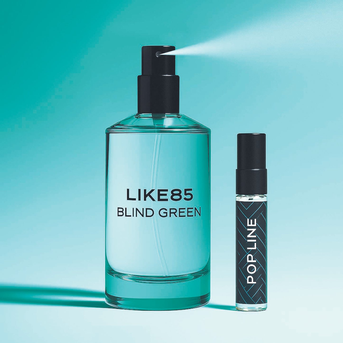 Two perfume bottles labeled 'LIKE85 Blind Green' and 'Popline' on a teal background