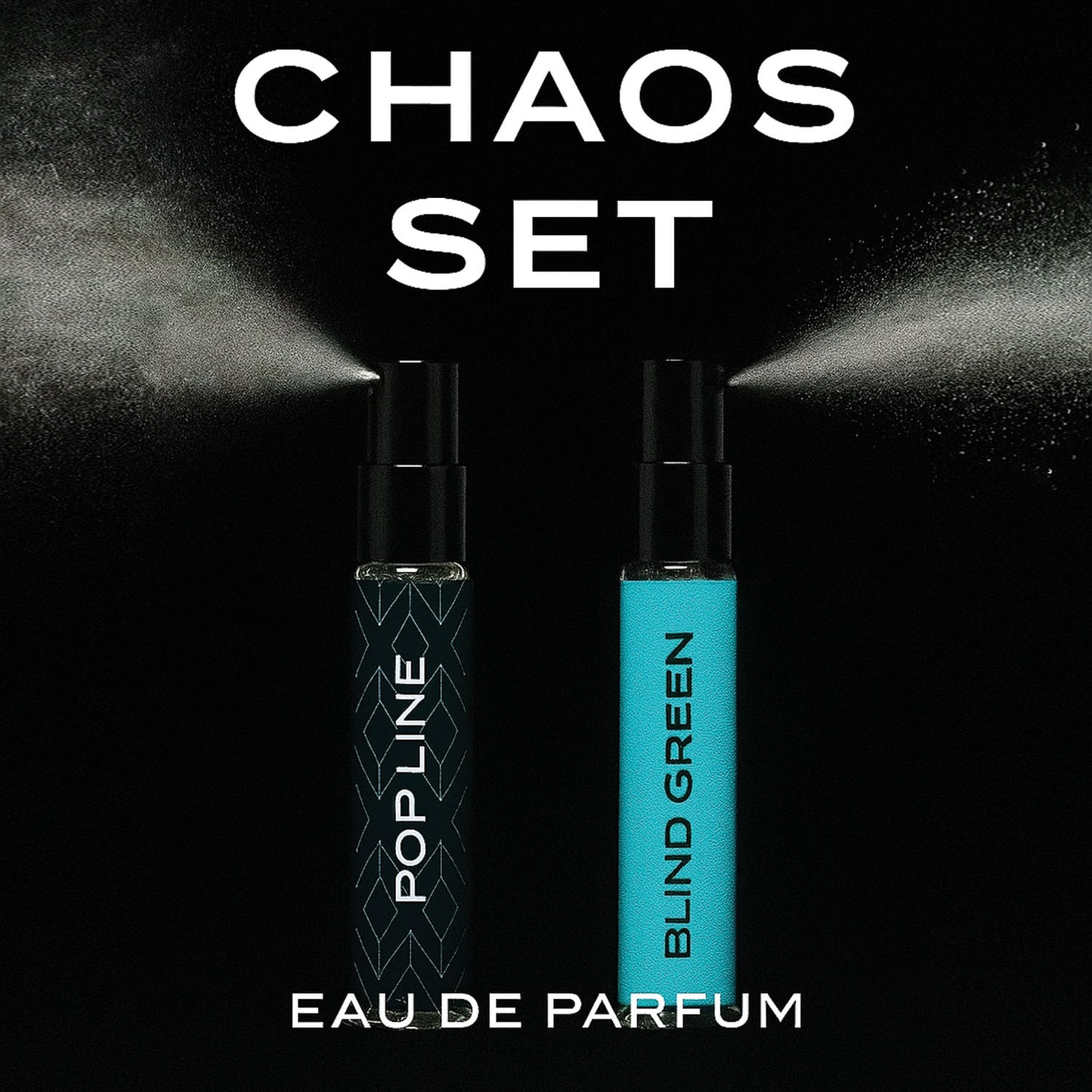 Two eau de parfum bottles labeled 'POPLINE' and 'BLIND GREEN' with the word 'CHAOS SET' above on a black background.