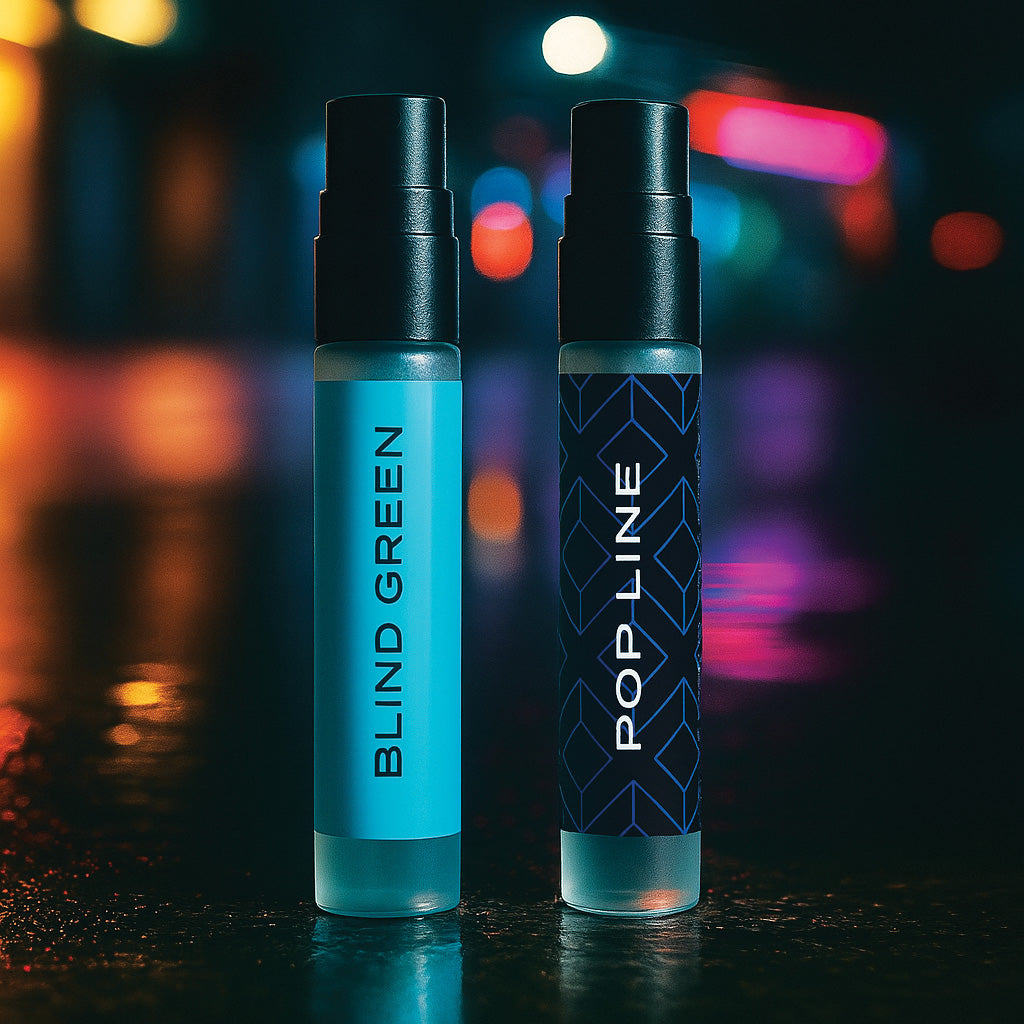 Two small bottles labeled 'Blind Green' and 'Pop Line' on a dark background with colorful lights.
