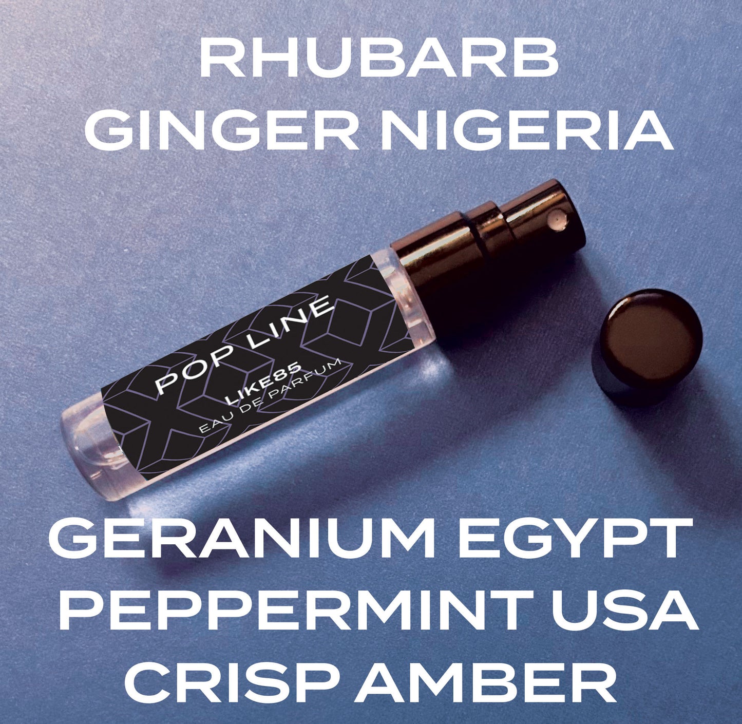 Perfume bottle with text listing fragrance notes on a blue background