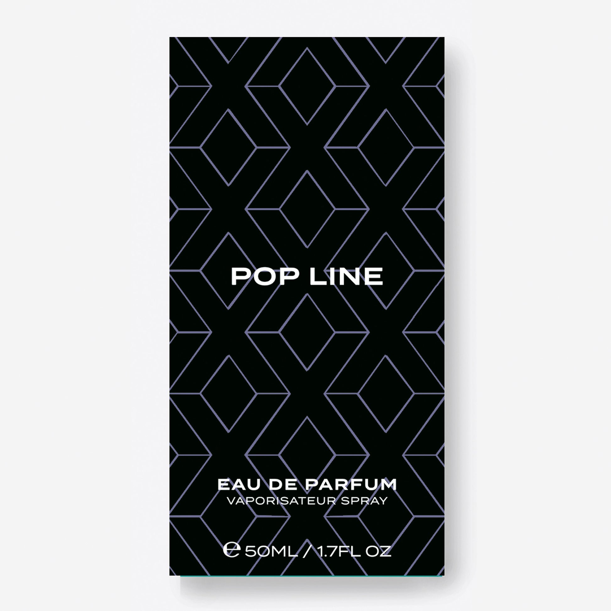 Black and white packaging of POP LINE Eau de Parfum on a light gray background