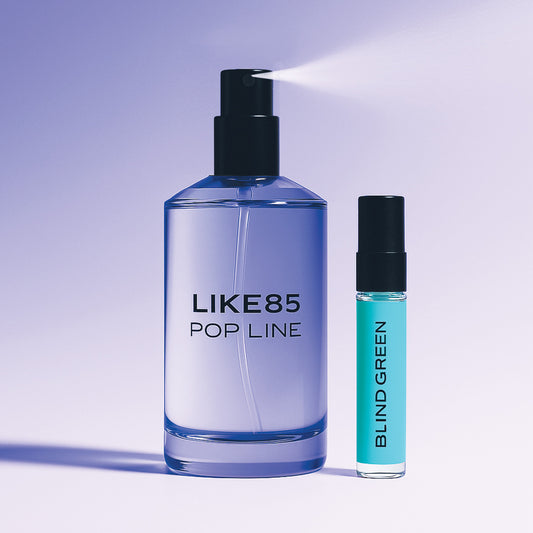 Two perfume bottles labeled 'LIKE85' and 'Blind Green' on a light purple background