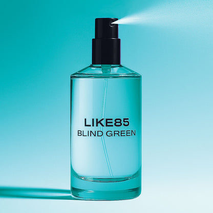 Clear bottle labeled 'LIKE85 BLIND GREEN' with a black pump on a teal background
